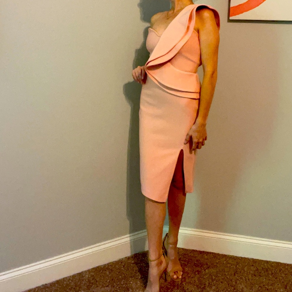 One-Shoulder Peach Cocktail Dress with Sculpted Ruffle